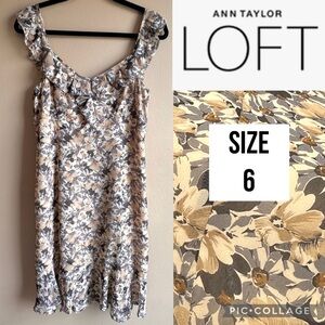 LOFT Womens Dress Tan Floral Sleeveless Ruffle V-neck Neckline Knee Length Sz 6